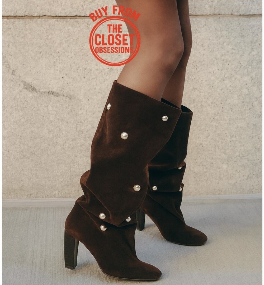 Zara NWT Brown Suede Look Studded Knee High Tall Heeled Boots Size 8